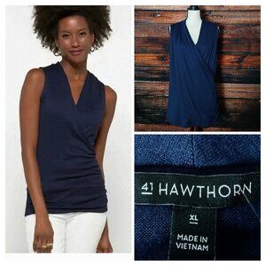NWT 41 Hawthorn Top XL Benni Wrap Front Ruched Soft Knit Navy Blue